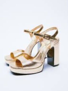 Zara Metallic Gold Platform Block Heel Sandals